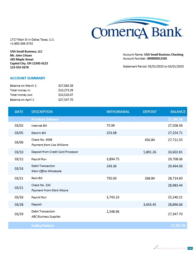 Download Comerica Bank business statement Word and PDF template Photoshop template